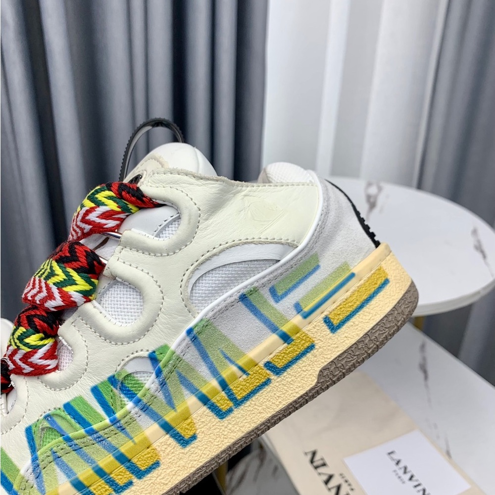 Lanvin Kids White Sneakers with Black Toe and Multicolor Braided Laces - Picture 8 of 9